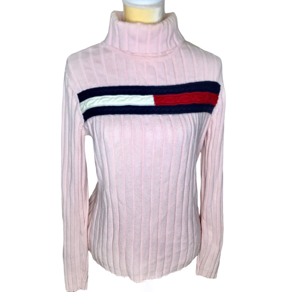 Tommy Hilfiger Turtleneck Sweater with Logo 100% Cotton Pink Size L Vintage